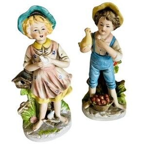 Homeco porcelain bisque barefoot girl & boy w/ birds figurines 8 in 2 pieces VTG